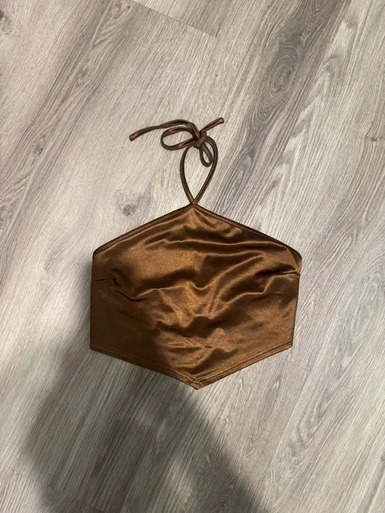 Satin Halter Crop Top in Shiny Brown - Picture 2 of 6